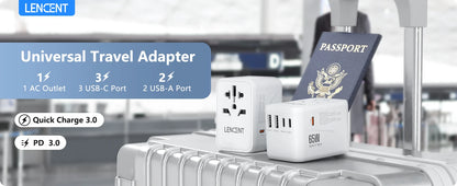 LENCENT 65W/100W GaN Universal Travel Adapter – Fast Charging EU/UK/US/AU Plug with 2 USB & 3 Type-C Ports