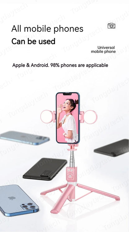 Bluetooth Wireless Selfie Stick – Foldable Phone Stand with Ring Light for Makeup, Video, & Live Streaming