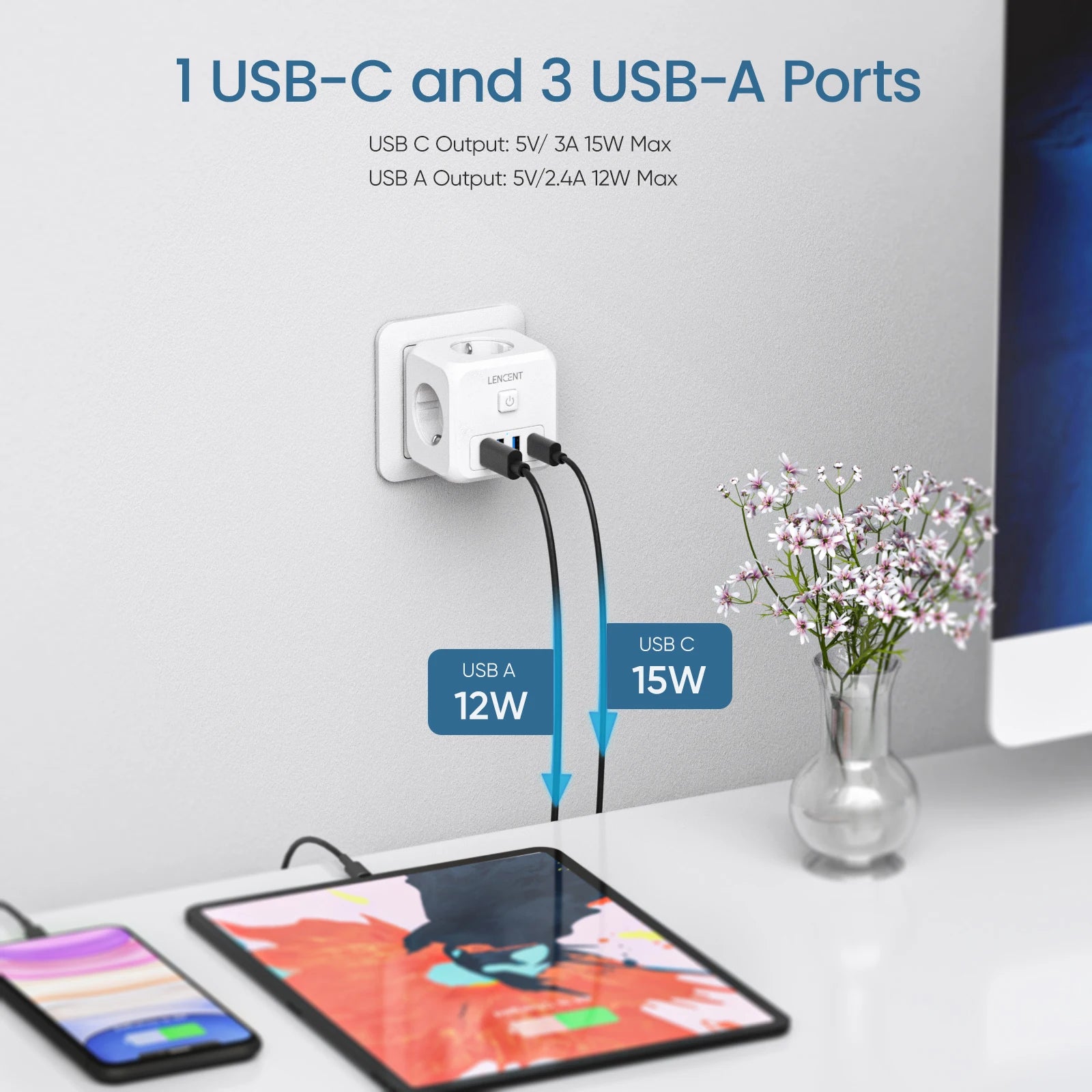 LENCENT 7-in-1 EU Power Strip – Wall Socket with 3 AC Outlets, 3 USB (QC 18W) & 1 Type-C (PD 35W) Fast Charger!
