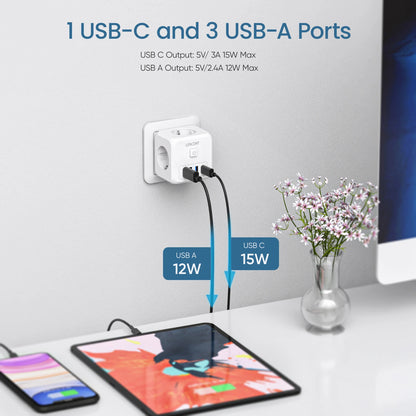 LENCENT 7-in-1 EU Power Strip – Wall Socket with 3 AC Outlets, 3 USB (QC 18W) & 1 Type-C (PD 35W) Fast Charger!