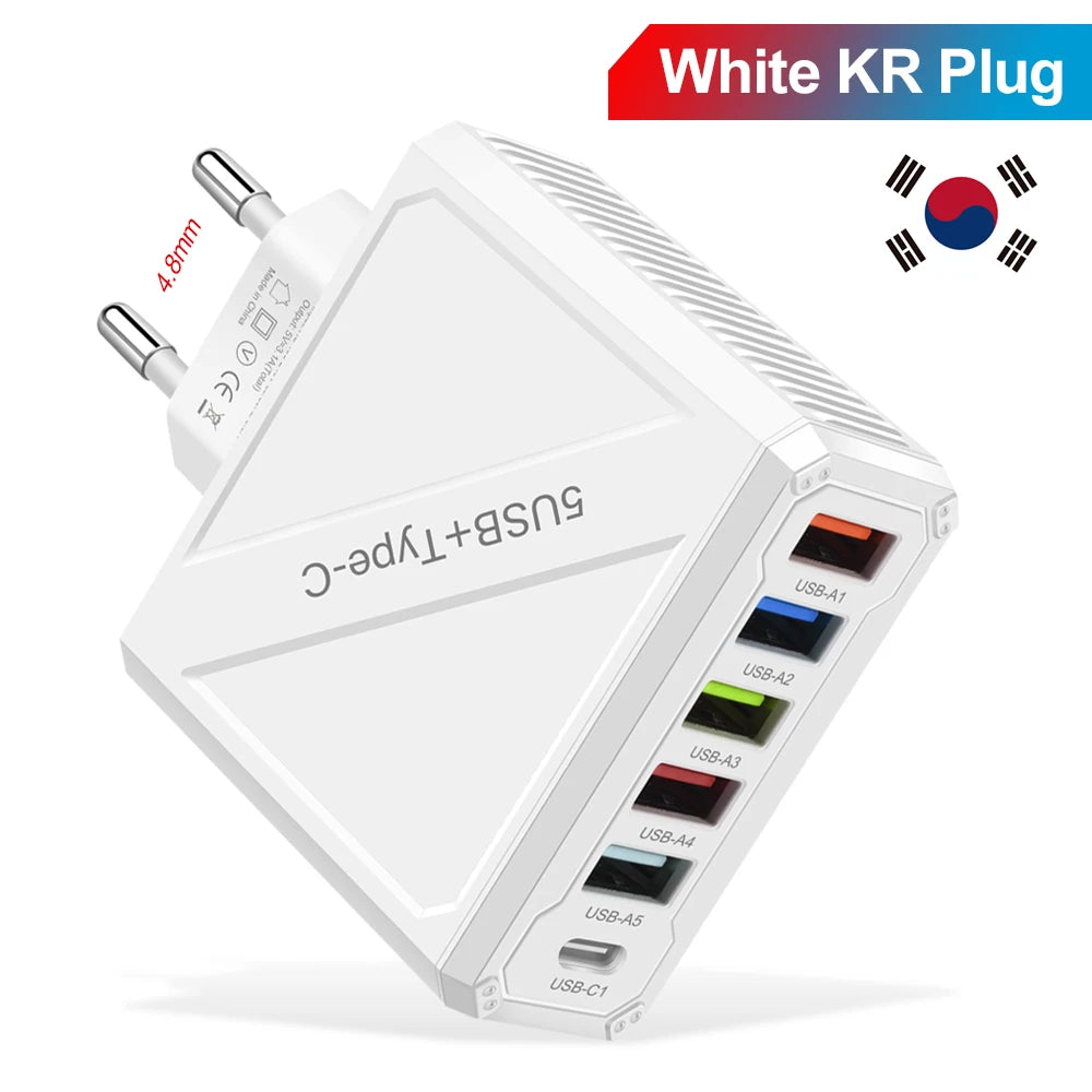 65W 5-Port USB Fast Charger – PD & QC 3.0 Adapter for Xiaomi, iPhone, Samsung & Vivo