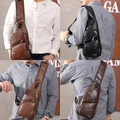 USB Data Cable Charging Chest Bag – Casual Fashion Shoulder Bag, PU Outdoor Sports Men’s Backpack