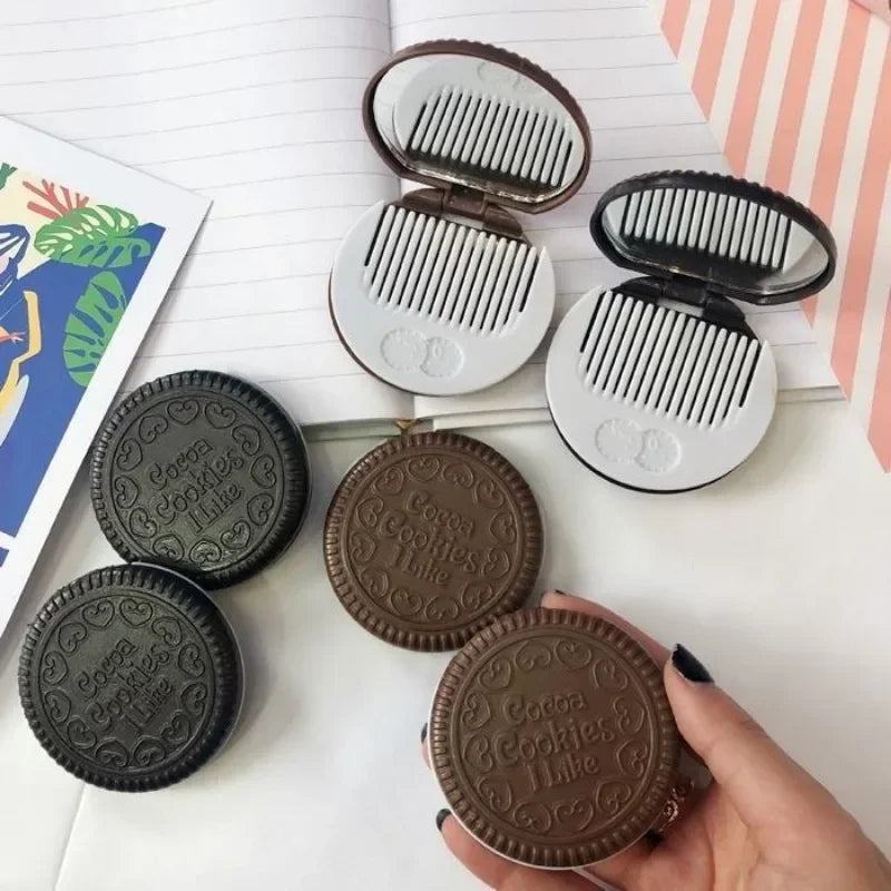 Chocolate Biscuit Folding Makeup Mirror – Cute & Compact Pocket Mirror with Comb