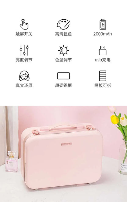 Large-Capacity LED Makeup Case with Mirror – Portable Professional Cosmetic Storage Box