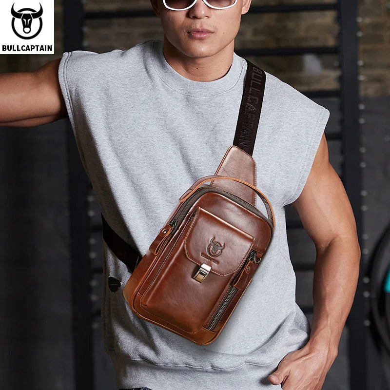 BULLCAPTAIN Men's Genuine Leather Chest Bag – Retro Anti-Theft Crossbody Bag for 7.9" Devices