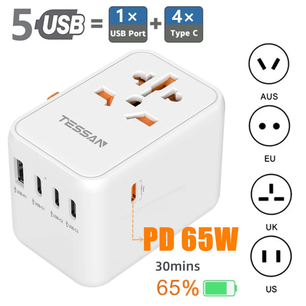 TESSAN 100W GaN Universal Travel Adapter – Fast Charging USB & Type-C Power Adapter for EU/UK/US/AU!