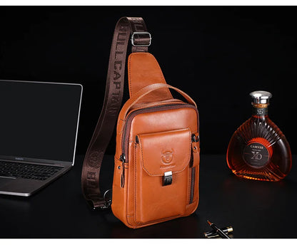BULLCAPTAIN Men's Genuine Leather Chest Bag – Retro Anti-Theft Crossbody Bag for 7.9" Devices