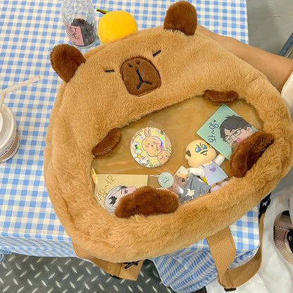 Kawaii New Capybara Plush Backpack For Women Versatile Cartoon Funny Capibala Bag Large Capacity Tote Bag Children's Gift