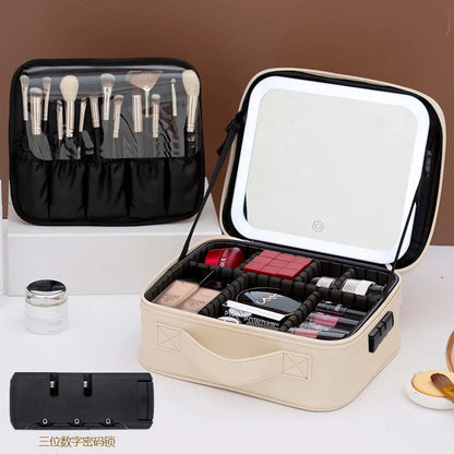 LED Travel Makeup Bag with Mirror – Large-Capacity Portable Storage Case with Combination Lock