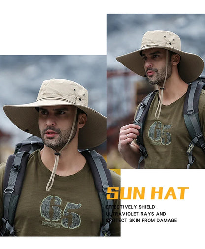 2025 Summer Wide Brim Bucket Hat – Breathable Mesh Outdoor Sun Cap for Men