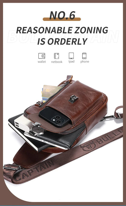 BULLCAPTAIN Men's Genuine Leather Chest Bag – Retro Anti-Theft Crossbody Bag for 7.9" Devices