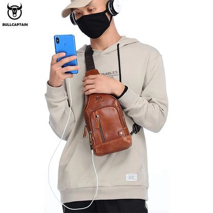 Bullcaptain Leather Large Capacity Chest Bag – Men’s Shoulder Bag with USB Port for Outdoor Casual Activities
