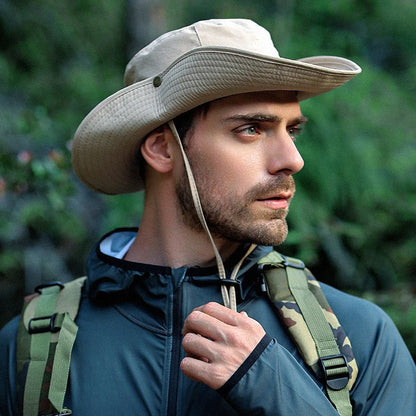 Men Bucket Hat Letter Embroidery Leather Label Cowboy Hat Waterproof Outdoor Hiking Fishing Cap Light 8cm Brim Anti-UV Sun Hat