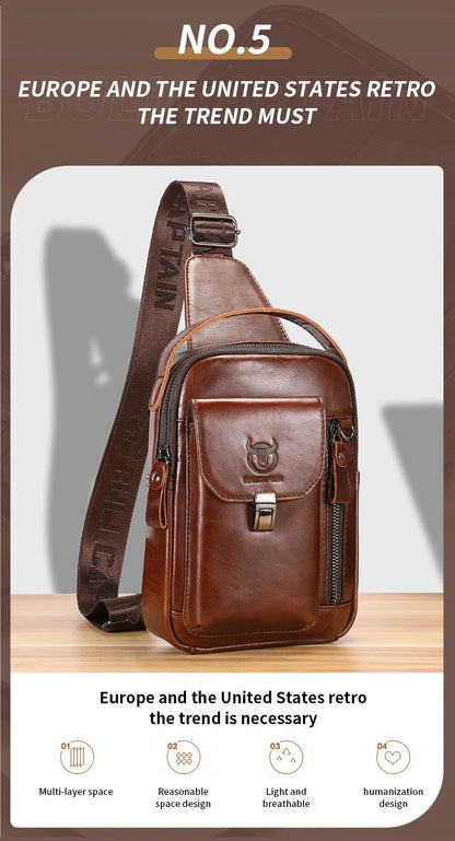 BULLCAPTAIN Men's Genuine Leather Chest Bag – Retro Anti-Theft Crossbody Bag for 7.9" Devices