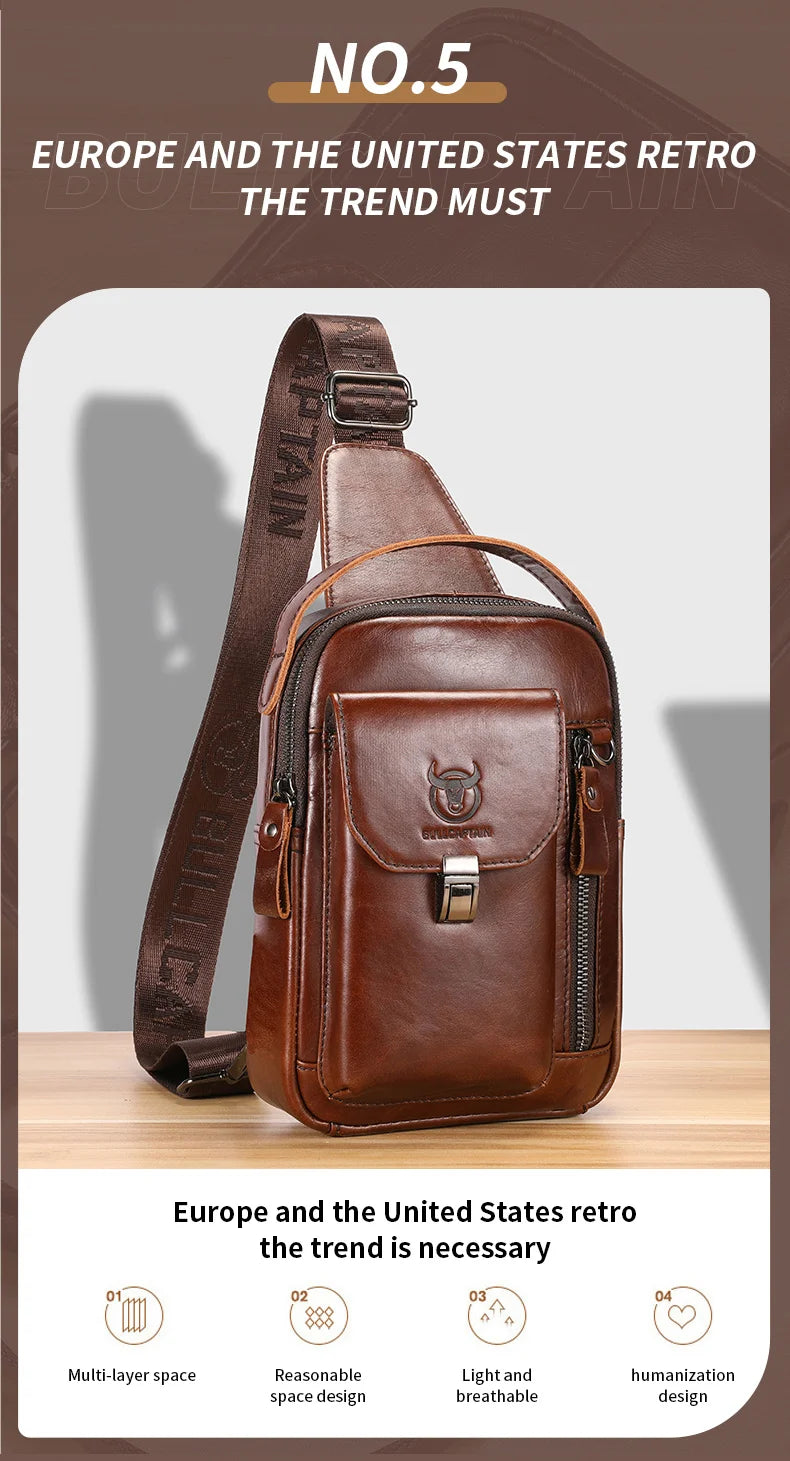 BULLCAPTAIN Men's Genuine Leather Chest Bag – Retro Anti-Theft Crossbody Bag for 7.9" Devices