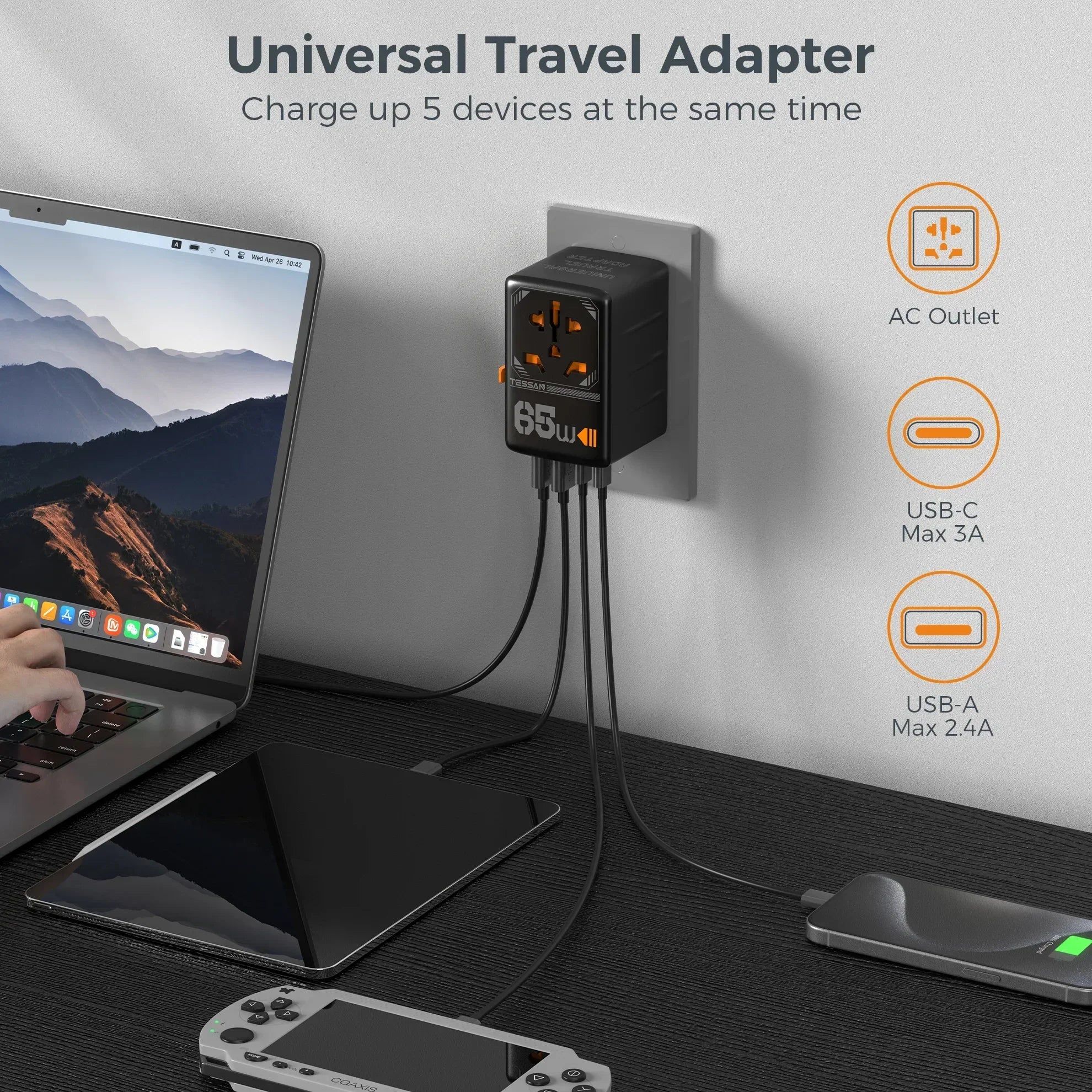 TESSAN 65W GaN Universal Travel Adapter – Fast Charging USB & Type-C Power Adapter for EU/UK/US/AU!