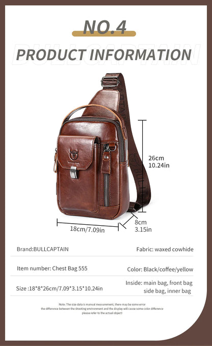 BULLCAPTAIN Men's Genuine Leather Chest Bag – Retro Anti-Theft Crossbody Bag for 7.9" Devices