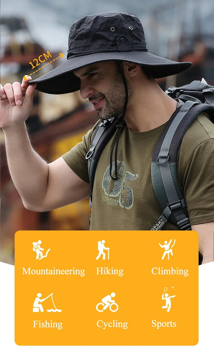 2025 Summer Wide Brim Bucket Hat – Breathable Mesh Outdoor Sun Cap for Men