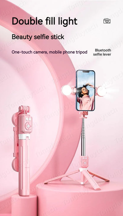Bluetooth Wireless Selfie Stick – Foldable Phone Stand with Ring Light for Makeup, Video, & Live Streaming