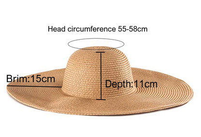 Women 15cm Wide Brim Sun Hat Summer Travel Floppy Straw Hat Female Outdoor Vacation Roll Up UPF50+ Oversized Foldable Beach Hat