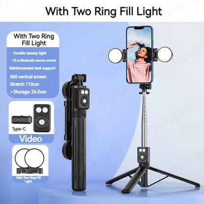 Bluetooth Wireless Selfie Stick – Foldable Phone Stand with Ring Light for Makeup, Video, & Live Streaming