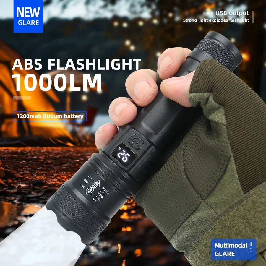 High-Power 2000LM LED Flashlight – Tactical Torch with Display Light, USB Charging, and Zoom for Camping, Fishing & Emergency