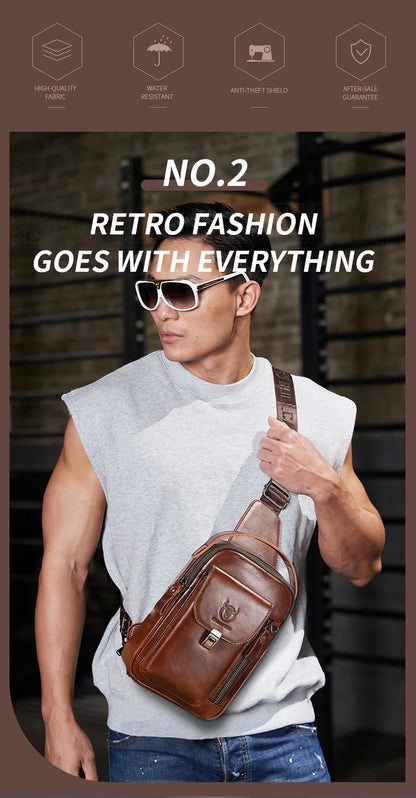BULLCAPTAIN Men's Genuine Leather Chest Bag – Retro Anti-Theft Crossbody Bag for 7.9" Devices