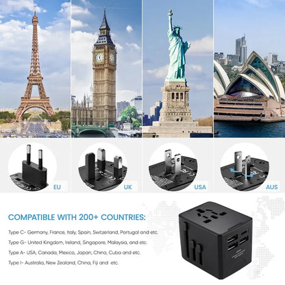 65W Universal Travel Adapter – All-in-One Charger with 3 USB & 1 Type-C for US, EU, UK, & AU