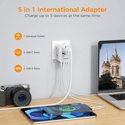 TESSAN 100W GaN Universal Travel Adapter – Fast Charging USB & Type-C Power Adapter for EU/UK/US/AU!