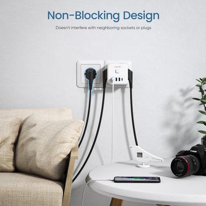 LENCENT 7-in-1 EU Power Strip – Wall Socket with 3 AC Outlets, 3 USB (QC 18W) & 1 Type-C (PD 35W) Fast Charger!