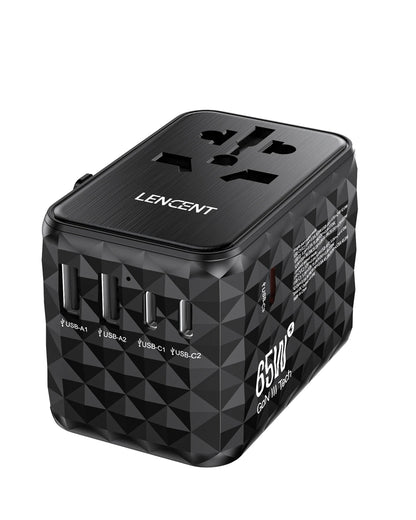 LENCENT 65W GaN Universal Travel Adapter – 2 USB & 3 Type-C Fast Charging All-in-One Charger for EU/UK/USA/AUS Travel