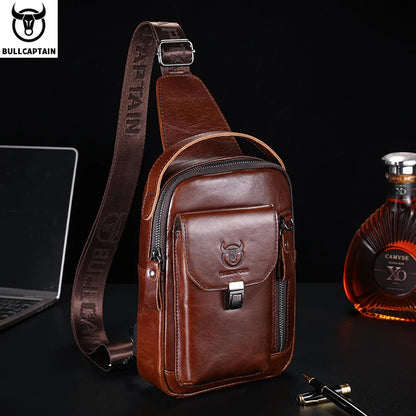 BULLCAPTAIN Men's Genuine Leather Chest Bag – Retro Anti-Theft Crossbody Bag for 7.9" Devices