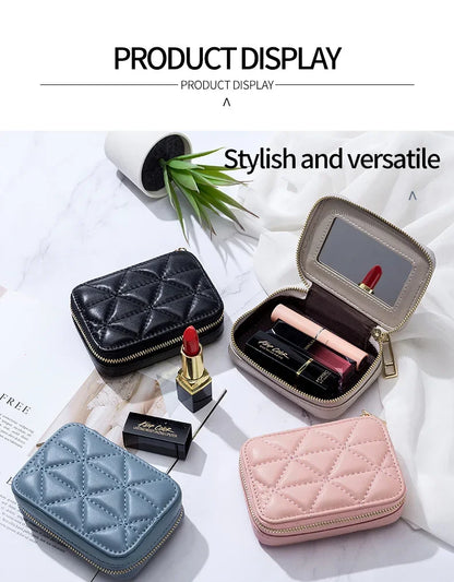Mini Leather Cosmetic Bag – Stylish Lipstick & Coin Purse with Built-in Makeup Mirror