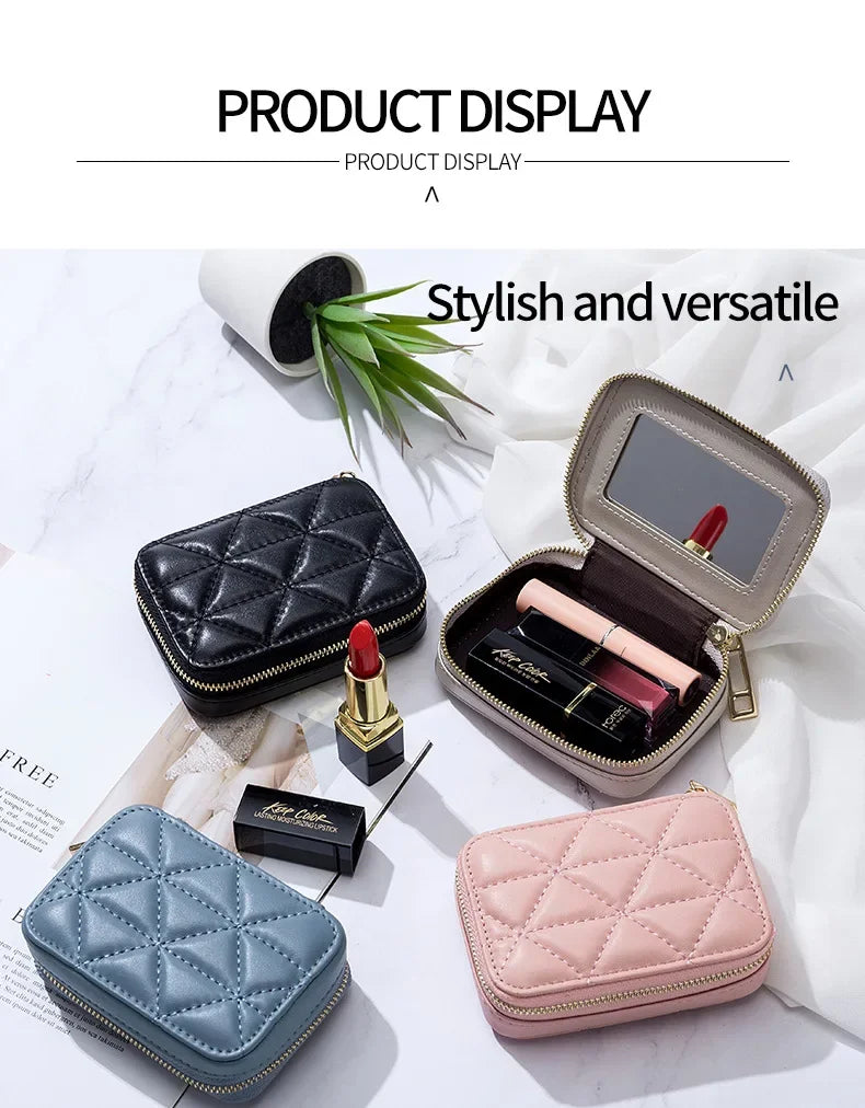 Mini Leather Cosmetic Bag – Stylish Lipstick & Coin Purse with Built-in Makeup Mirror