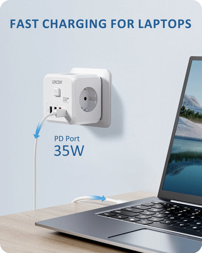 LENCENT 7-in-1 EU Power Strip – Wall Socket with 3 AC Outlets, 3 USB (QC 18W) & 1 Type-C (PD 35W) Fast Charger!