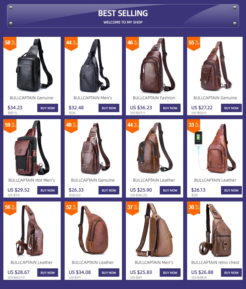 BULLCAPTAIN Men's Genuine Leather Chest Bag – Retro Anti-Theft Crossbody Bag for 7.9" Devices