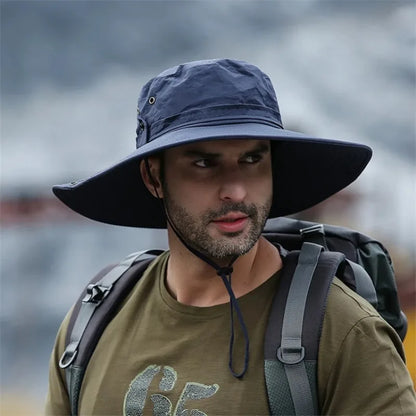 2025 Summer Wide Brim Bucket Hat – Breathable Mesh Outdoor Sun Cap for Men