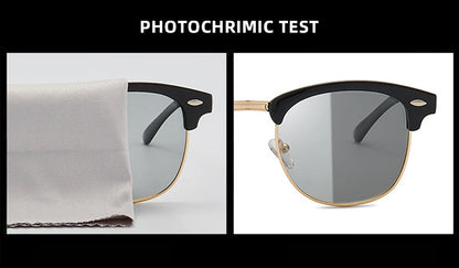 Classic Half Frame Photochromic Sunglasses Men Women Retro Rivet Chameleon Sun Glasses Male Fashion Change Color Driving Shades