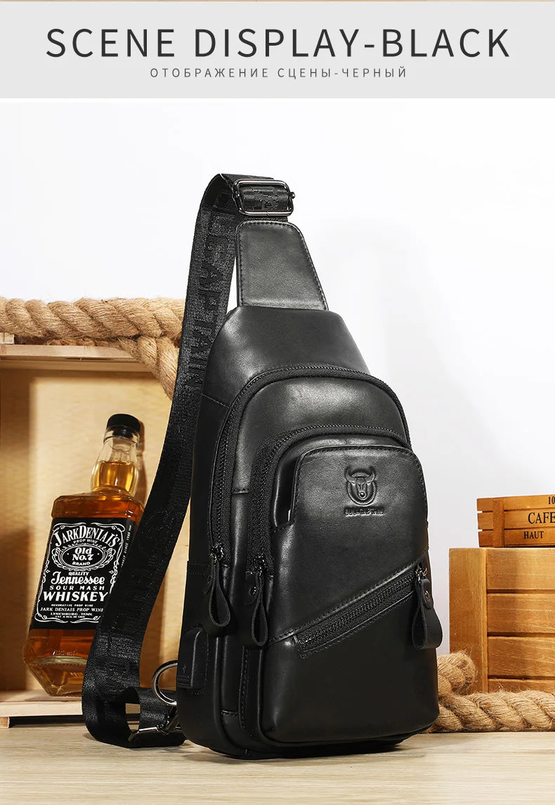 BULLCAPTAIN 2025 Men's Leather Chest Bag – Large Capacity Casual Messenger Bag, Classic Leather XB 127