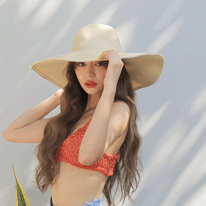 Women 15cm Wide Brim Sun Hat Summer Travel Floppy Straw Hat Female Outdoor Vacation Roll Up UPF50+ Oversized Foldable Beach Hat