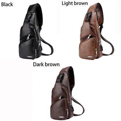 USB Data Cable Charging Chest Bag – Casual Fashion Shoulder Bag, PU Outdoor Sports Men’s Backpack