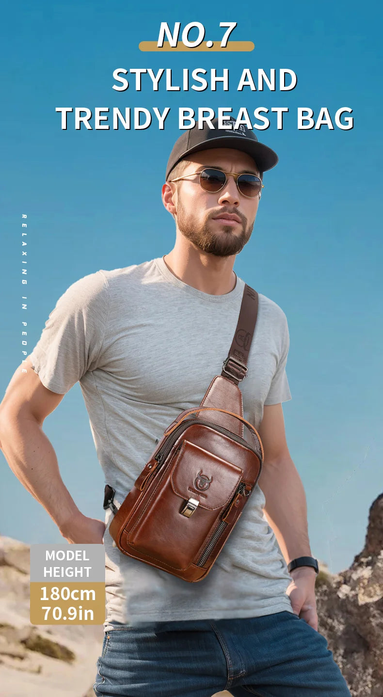 BULLCAPTAIN Men's Genuine Leather Chest Bag – Retro Anti-Theft Crossbody Bag for 7.9" Devices