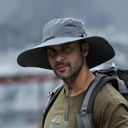 2025 Summer Wide Brim Bucket Hat – Breathable Mesh Outdoor Sun Cap for Men