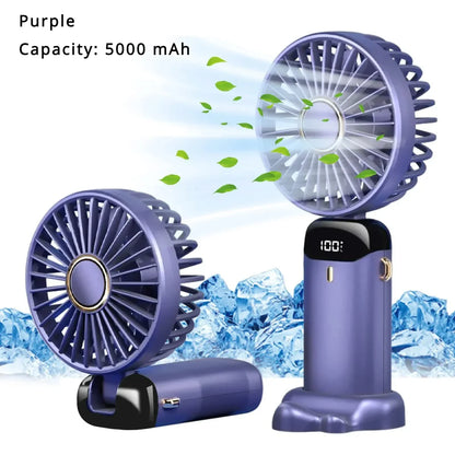 5000mAh Portable Mini Fan – Wireless USB Rechargeable, 5-Speed Foldable Neck Hanging Fan with Digital Display & Phone Holder