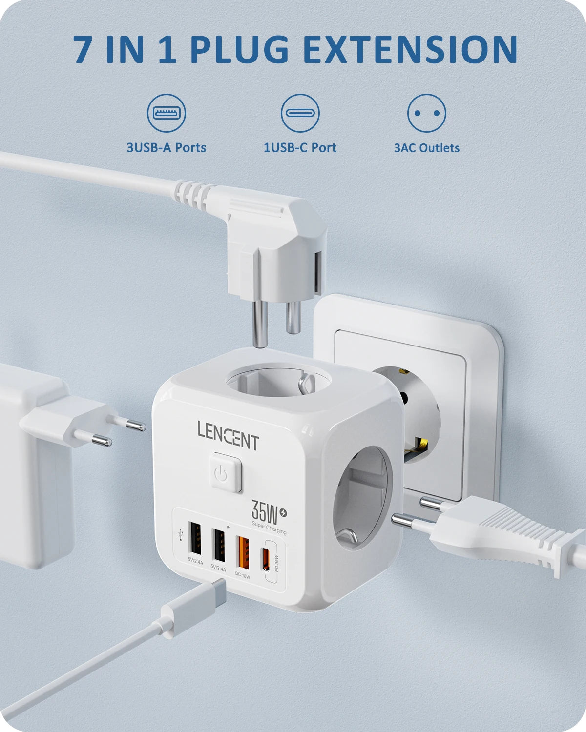 LENCENT 7-in-1 EU Power Strip – Wall Socket with 3 AC Outlets, 3 USB (QC 18W) & 1 Type-C (PD 35W) Fast Charger!