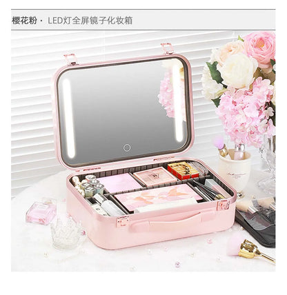 Large-Capacity LED Makeup Case with Mirror – Portable Professional Cosmetic Storage Box