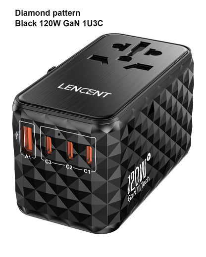 LENCENT 120W GaN Universal Travel Adapter – Fast Charging EU/UK/USA/AUS Plug with USB-A & 3 Type-C Ports