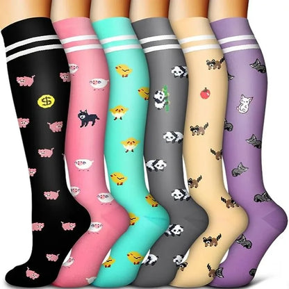 6 Pairs Animal & Fruit Compression Socks – Fun & Supportive Socks for Nurses, Runners & Everyday Wear**