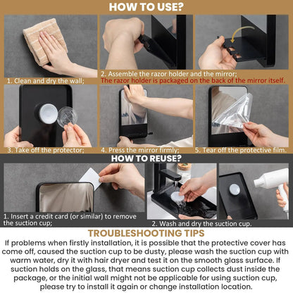TAILI Fogless Shower Mirror with Razor Holder – Rust-Proof, Removable Suction Bathroom Mirror