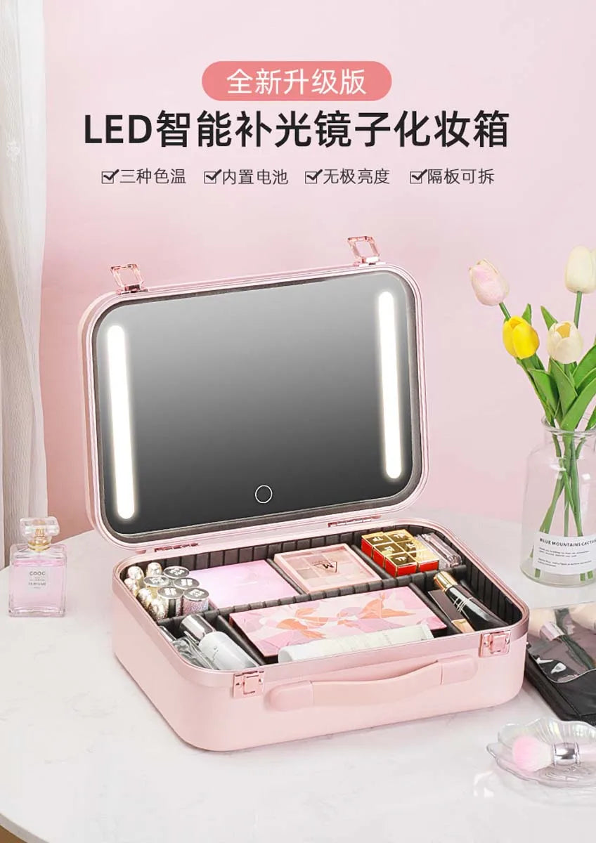 Large-Capacity LED Makeup Case with Mirror – Portable Professional Cosmetic Storage Box